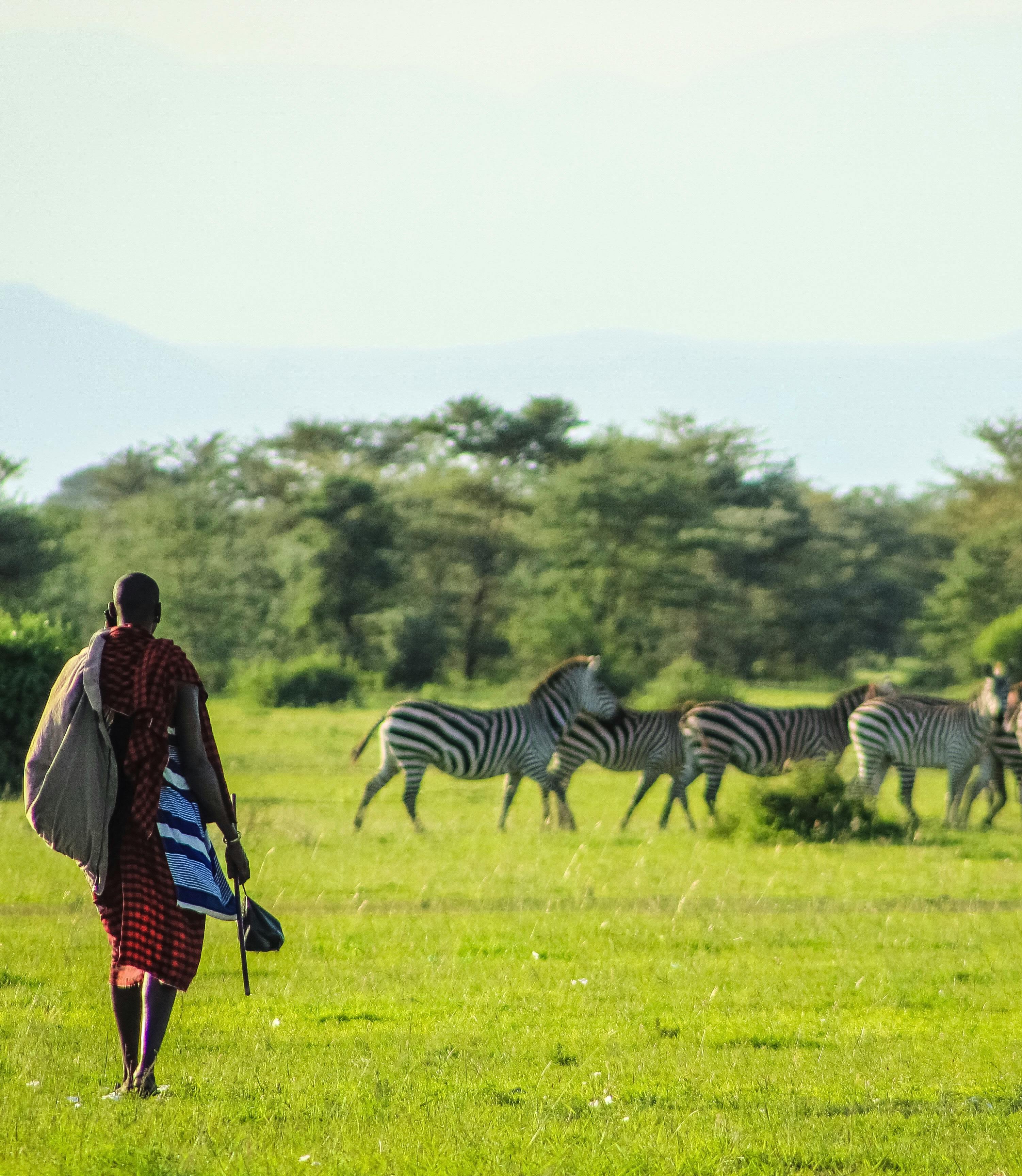 Maasai warrior standing proudly in traditional attire against Ngorongoro Crater backdrop